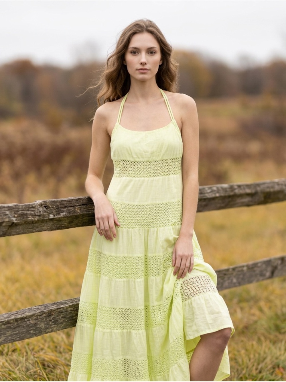 Anthropologie Light Lime Crochet Halter Dress